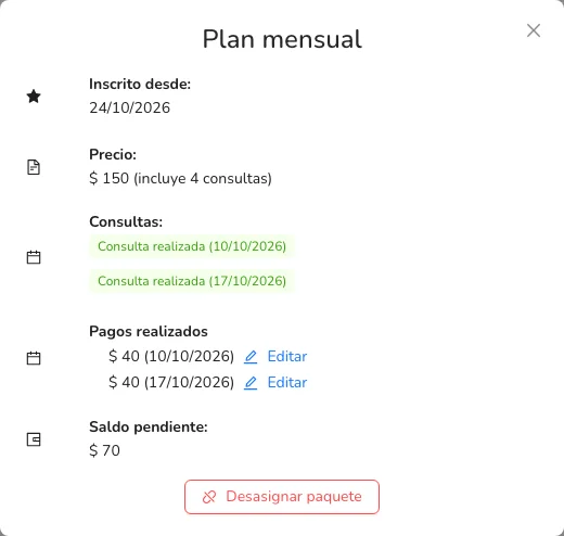 Los pagos del paquete, cada uno con su botón Editar