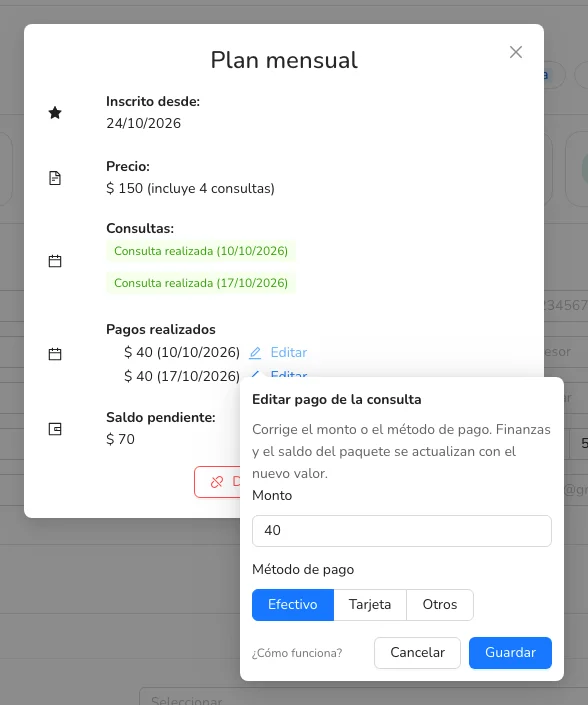 Corrige el monto o el método de pago y guarda
