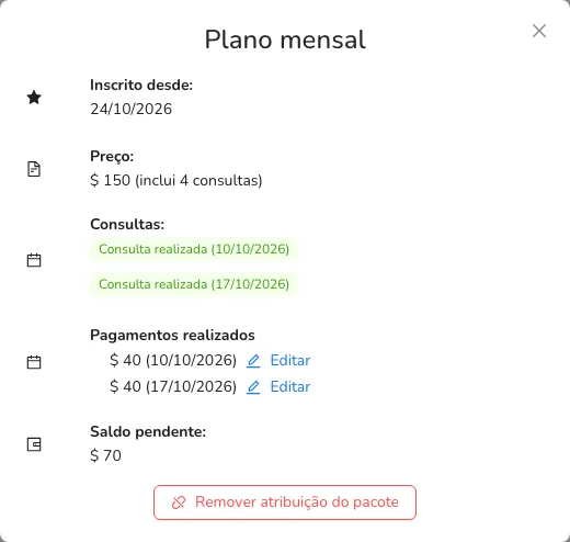 Os pagamentos do pacote, cada um com o botão Editar