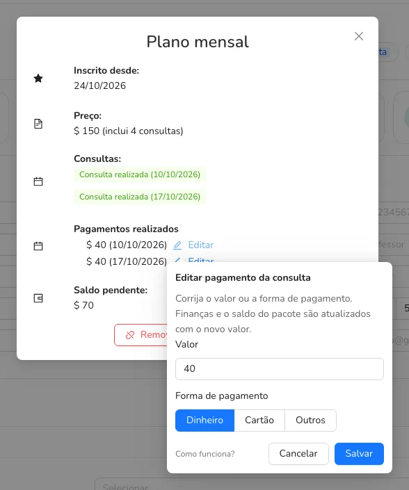 Corrija o valor ou a forma de pagamento e salve