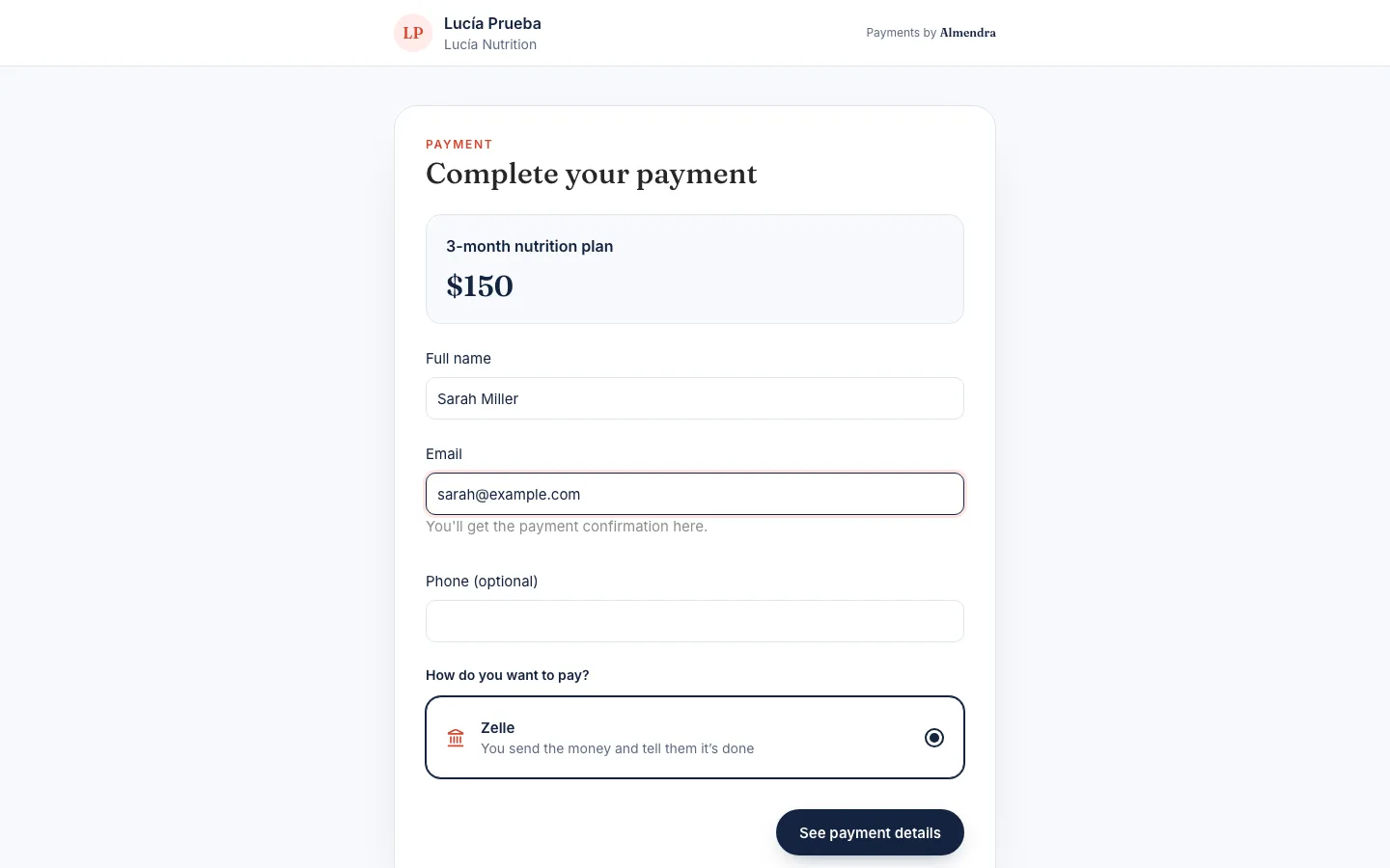 The page where your client pays
