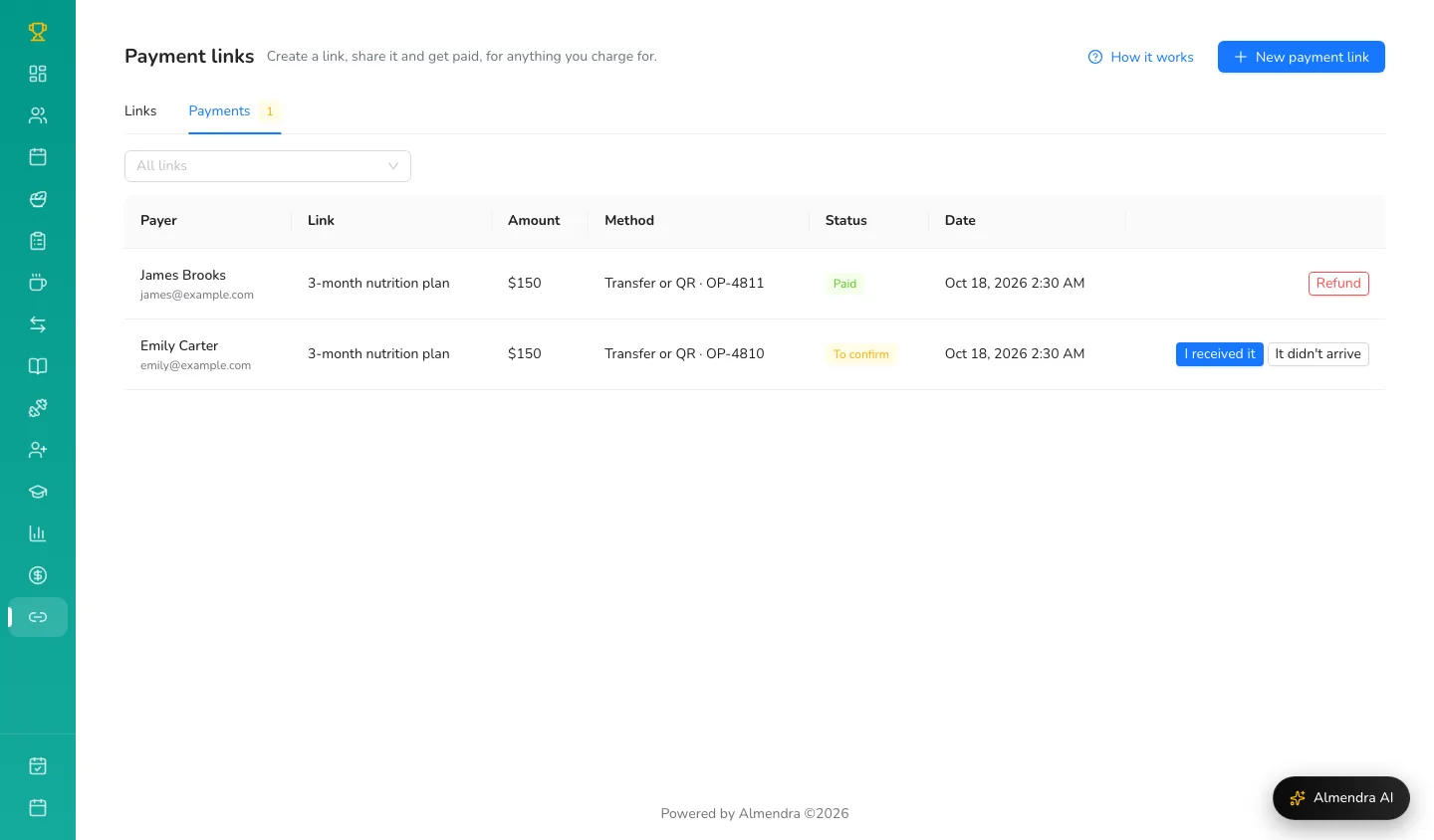 Payments on a payment link, one waiting for confirmation