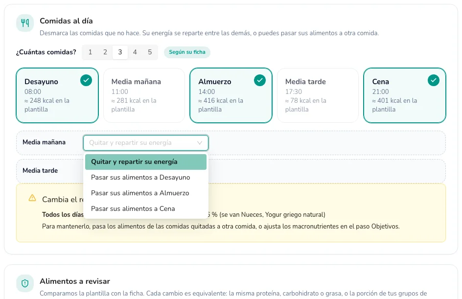 Para cada comida quitada, eliges si repartir su energía o pasar sus alimentos a otra comida
