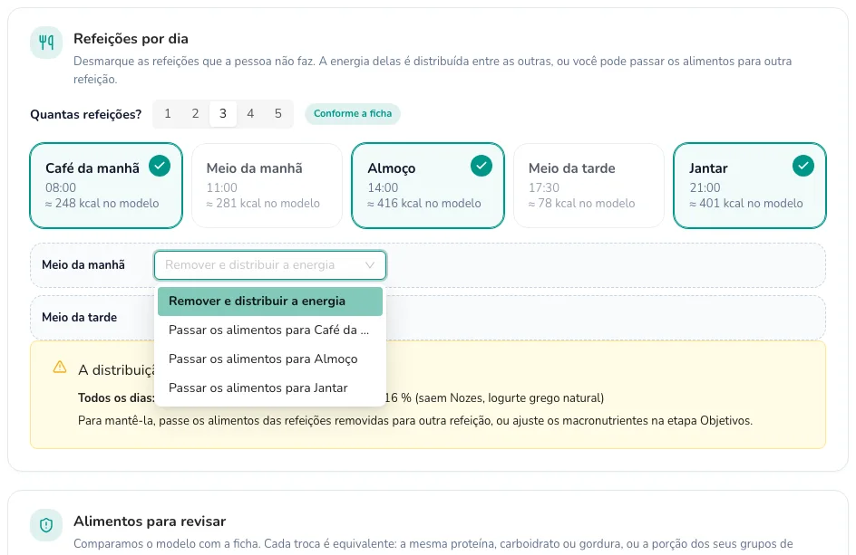 Para cada refeição removida, distribua a energia ou passe os alimentos para outra refeição