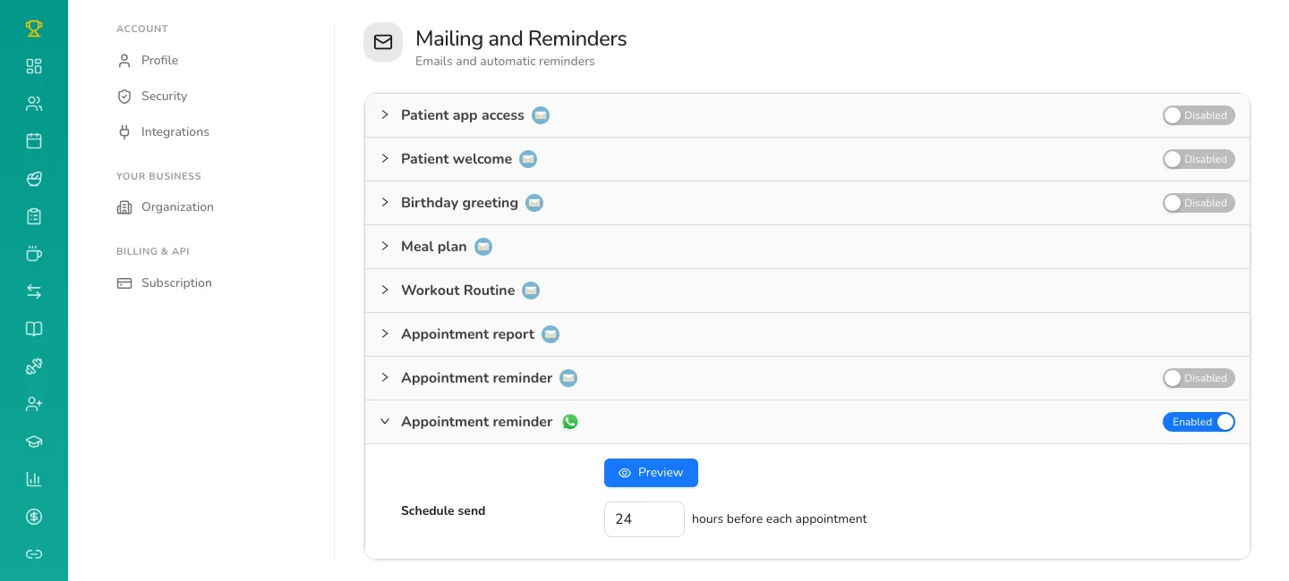 The WhatsApp appointment reminder in Mailing and Reminders