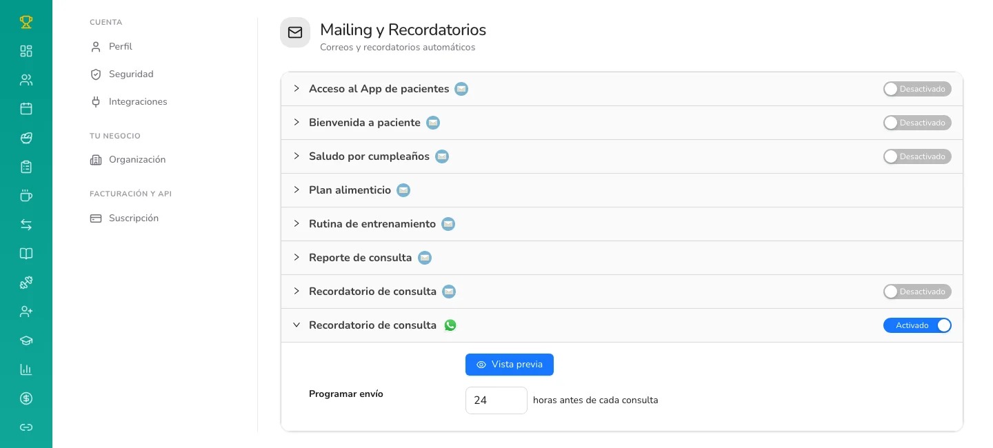 El recordatorio de consulta por WhatsApp en Mailing y Recordatorios